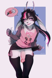 2021 anthro antlers bottomwear clothing_lift dialogue femboy furry genitals girly highres horn humanoid_genitalia humanoid_penis iconography lagomorph leporid male mammal open_mouth penis pictographics pink_eyes rabbit shirt solo soroka-ne-soroka speech_bubble teeth testicles topwear