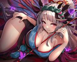 1girls alternate_costume armpit_crease arrow_(projectile) between_breasts blush breasts bug butterfly butterfly_wings cleavage collarbone come_hither commentary_request crown_of_thorns eyebrows_visible_through_hair facial_mark female female_only fire_emblem fire_emblem_heroes forehead_mark gonzarez grey_hair highres japanese_clothes kimono large_breasts long_hair looking_at_viewer lying nail_polish new_year nintendo obi official_alternate_costume on_side plumeria_(fire_emblem) plumeria_(new_year)_(fire_emblem) pointy_ears ponytail red_eyes sash seductive seductive_smile shadow sidelocks skindentation solo tareme tassel thighs very_long_hair wings