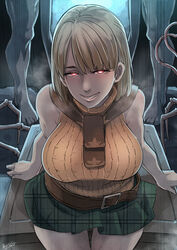 1girls ashley_graham ashley_graham_(brooke_elizabeth_mathieson) bare_shoulders belted_skirt blonde_hair butcha-u corruption femsub ganado happy_trance las_plagas miniskirt multiple_boys parasite partial_male possession pov red_eyes resident_evil resident_evil_4 short_hair skirt smile zombie