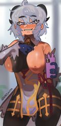 bell_collar cosplay crossover female flashing_breasts ganyu_(genshin_impact)_(cosplay) genshin_impact horns inverted_nipples large_breasts purple_hair rani selfie smartphone xininz