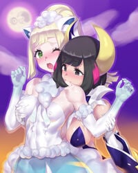 2girls alolan_vulpix_(cosplay) bare_shoulders black_hair blonde_hair blood blush breast_grab breasts cosplay detached_sleeves dress exposed_shoulders from_behind game_freak gloves grabbing_another's_arm grabbing_from_behind gradient_gloves green_eyes grey_eyes groping lillie_(pokemon) lunala_(cosplay) lunatone magenta_highlights mizuumi_(bb) moon neck_biting night nintendo nipples nipples_visible_through_clothing nose_blush open_mouth pokemon pokemon_(cosplay) pokemon_sm selene_(pokemon) small_breasts yuri