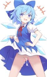 ass blue_eyes blue_hair blush cirno cum dress e.o. edit eee1234 eodayo heart-shaped_pupils ice lifting_skirt puffy_pussy pussy ribbon short_hair skirt_lift smile sweat sweating third-party_edit touhou transparent_background trembling white_skin