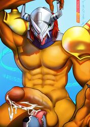 absurd_res anthro bandai_namco bodily_fluids canid canine canis cum cum_on_face digimon digimon_(species) dinosaur duo erection franubis genital_fluids genitals hi_res humanoid_genitalia humanoid_penis licking looking_at_viewer male male/male mammal oral orange_body penile penis penis_lick reptile scalie sex solo tongue tongue_out wargreymon weregarurumon wolf