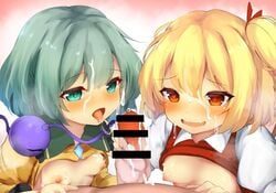 1boy 2girls bar_censor blonde_hair blush censored cum facial flandre_scarlet green_eyes green_hair koishi_komeiji leon0705 multiple_girls nipples no_hat no_headwear nose_blush one_side_up penis pov red_eyes saliva saliva_trail short_hair simple_background third_eye tongue tongue_out touhou