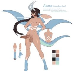 1boy asmo_(matemi) big_penis black_sclera english_text erection femboy horns hung_femboy hung_trap incubus long_ears long_hair long_hair_male male_only matemi monster_boy nipples nude nude_male penis solo tail testicles text thick_thighs wings