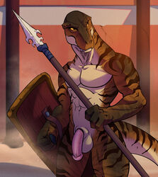 2021 anthro balls dinosaur erection genitals gladiator hi_res holding_object holding_weapon male melee_weapon muscular muscular_male nude penis polearm reptile scalie shield solo spear theropod tyrannosaurid tyrannosaurus tyrannosaurus_rex vrobei warrior weapon