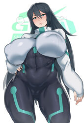 abs absurdres black_hair blush bodysuit breasts cameltoe covered_abs covered_navel covered_nipples curvy female green_eyes gundam gundam_build_divers gundam_build_divers_re:rise half-closed_eyes hand_on_hip highres huge_breasts impossible_bodysuit impossible_clothes looking_at_viewer may_(gundam_build_divers_re:rise) natedecock solo venus_body white_background