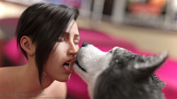 1boy 1girls 3d black_hair blurry_background canine closed_eyes dissidenthellion female feral husky kissing licking male parted_lips straight zoophilia