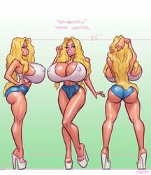 1girls back_view bimbo blonde_hair blue_eyes blue_shorts bubble_butt character_sheet cleavage curly_hair erect_nipples female female_focus female_only high_heels high_waisted_pants hourglass_figure huge_breasts jean_shorts long_hair looking_at_viewer makeup mascara milf nipple_bulge nipples pink_lipstick platform_heels profile shorts side_view sideboob solo tank_top theofficialpit yuma_lester_(theofficialpit)