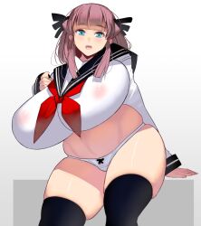 big_breasts black_legwear black_thighhighs blue_eyes crop_top curvaceous female female_only hair_ribbon huge_breasts long_sleeves looking_at_viewer masao nipples_visible_through_clothing no_bra open_mouth original panties pink_hair plump school_uniform serafuku solo thick_thighs thighhighs tied_hair white_panties wide_hips zettai_ryouiki