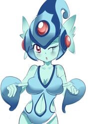 1girls anthro blue_skin breast_press breasts digimon digimon_(species) digimon_frontier female female_only frog frog_girl frog_humanoid leotard medium_breasts monster_girl pressing_breasts_together ranamon red_eyes simple_background solo solo_female white_background