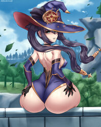 1girls absurd_res arcsinge ass big_ass blue_eyes breasts choker eye_contact female genshin_impact grabbing_own_ass high_resolution huge_ass leotard looking_at_viewer looking_back mona_(genshin_impact) purple_hair sitting solo twintails witch_hat