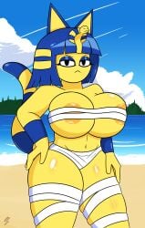 2020 animal_crossing ankha anthro bandages beach big_breasts breasts cleavage female foxsuo huge_breasts looking_at_viewer nintendo nipples tagme thick_thighs thighs wide_hips