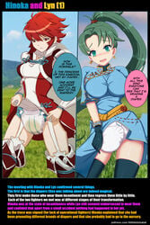 2girls abdl bare_thighs blush breasts comic diaper earrings embarrassed english_text female_only femsub fire_emblem fire_emblem:_the_blazing_blade fire_emblem_fates frown garter_straps green_eyes green_hair hinoka_(fire_emblem) humiliation infantilism large_breasts lilith-fetish long_hair looking_at_viewer lyn_(fire_emblem) lyndis_(fire_emblem) medium_breasts mind_control multiple_girls nintendo open_mouth outdoors peeing peeing_self pelvic_curtain ponytail red_eyes red_hair short_hair text thighhighs thighs upskirt urine wind_lift