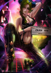 1girls abs arm_up armpit axsens bare_arms bare_shoulders big_breasts blue_hair braided_ponytail breasts card cleavage clothed clothing female female_focus female_only fit fit_female green_eyes green_hair green_lips green_lipstick hair_bun hand_behind_head holding_card jojo's_bizarre_adventure jolyne_kujo large_breasts looking_at_viewer midriff midriff_cutout navel not_porn on_knees pants shirt sleeveless_shirt slim_girl slim_waist solo solo_female solo_focus squatting stone_ocean tied_hair toned toned_female two_tone_hair