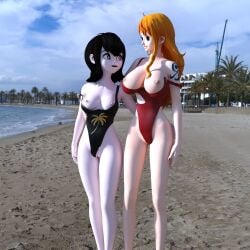 2girls 3d alternate_costume breasts crossover darkfaust female female_only hotel_transylvania mavis_dracula nami nipples one_piece pussy swimsuit vagina