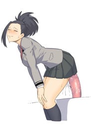 1girls anal_juice black_hair black_legwear black_skirt blush closed_eyes closed_mouth dildo dildo_reveal dildo_sitting dyun female grey_jacket highres huge_dildo jacket long_sleeves miniskirt momo_yaoyorozu my_hero_academia necktie pleated_skirt ponytail pussy_juice red_necktie school_uniform sex_toy shounen_jump simple_background skirt slq socks solo sweat torogao white_background