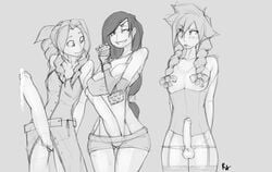 1boy 2futas aerith_gainsborough balls big_breasts big_penis breasts clothed clothing cloud_strife corset crossdressing erection femboy final_fantasy final_fantasy_vii futa_is_bigger futa_sans_balls futanari garter_belt garter_straps human male monochrome mostly_clothed mostly_nude penis penis_size_difference pussy r4 size_comparison size_difference standing thighhighs tifa_lockhart