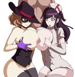 1boy 2022 2girls 2girls1boy accessory bangs black_clothes black_clothing black_shirt breasts breasts_apart breasts_bigger_than_head breasts_out breasts_out_of_clothes brown_eyes brown_hair collaborative collaborative_titfuck collared_shirt cowboy_hat curly_hair danganronpa danganronpa_(series) danganronpa_2:_goodbye_despair dark-skinned_male dark_eyes dark_skin digital_drawing_(artwork) digital_media_(artwork) digital_painting_(artwork) dominant_female dominant_human domination domino_mask double_paizuri female female_on_human femdom fit fit_male functionally_nude functionally_nude_female gloves handwear haru_okumura hat headwear human human_domination human_focus human_on_male human_only humansub juniorr_rexin kneeling light-skinned_female light_skin male male/female male_on_female male_on_human male_with_female malesub mask masked masked_female medium_hair messy_hair naver nurse nurse_cap nurse_hat nurse_uniform object_on_head outercourse paizuri pale-skinned_female pale_skin partial_male pecs persona persona_5 purple_eyes purple_gloves purple_hair purple_hat sex shirt short_hair short_sleeves simple_background skin_tight skindentation skinny skinny_girl sleeves standing standing_male straight straight_hair straight_sex submissive_human submissive_male thick thick_legs thick_thighs thigh_highs thighhighs thighs tight_clothes tight_clothing tight_fit topwear tsumiki_mikan unbuttoned unbuttoned_shirt voluptuous white_background white_clothes white_clothing white_sclera