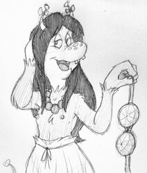 antennae bra_removed eyelashes female flat_chest fur holding_bra ladysomnambule long_hair monster necklace no_humans open_mouth pencil_(artwork) solo teddy_ruxpin topless traditional_media_(artwork)