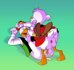 anal anthro anus avian beak blush bottomless chicken closed_eyes cum disney ducktales furry gay glasses gyro_gearloose hat ladysomnambule male_only open_mouth scrooge_mcduck vest white_feathers yaoi