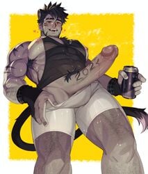 1boy 2022 animal_ears arkapami armpit_hair bara bare_pectorals black_gloves black_hair black_tank_top boxer_briefs can censored chest_hair chinese_zodiac earrings erection facial_hair gloves happy_new_year heart highres holding holding_can jewelry large_pectorals leg_hair looking_at_viewer male_focus male_pubic_hair male_underwear male_underwear_pull muscular muscular_male new_year nipple_piercing nipples open_mouth original partially_fingerless_gloves pectorals penis piercing pubic_hair pulled_by_self red_eyes short_hair sideburns sidepec smile soda_can solo tank_top thick_thighs thighs tiger_boy tiger_ears uncensored underwear white_male_underwear year_of_the_tiger