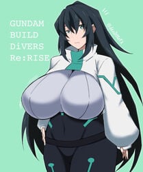 alternate_breast_size black_hair bodysuit breasts copyright_name covered_navel female green_eyes gundam gundam_build_divers gundam_build_divers_re:rise hand_on_hip huge_breasts long_hair looking_to_the_side looking_up may_(gundam_build_divers_re:rise) shrug_(clothing) tomoki_(dais729sof)