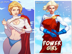 blonde_hair cape clothes_pull comparison dc kara_zor-l karen_starr kodiart96 power_girl short_hair sky superheroine