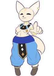 2022 absurd_res aggressive_retsuko anthro beerus black_eyes breasts canid canine clothed clothing cosplay crossover crossover_cosplay dragon_ball dragon_ball_super ear_piercing ear_ring egyptian_clothes empty_eyes female fennec fenneko fox front_view full-length_portrait hi_res jewelry mammal necklace piercing portrait sanrio simple_background smooth_skin solo tan_body toonarscontent topless white_background