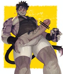 1boy 2022 animal_ears arkapami armpit_hair bar_censor bara bare_pectorals black_gloves black_hair black_tank_top boxer_briefs can censored chest_hair chinese_zodiac earrings erection facial_hair from_below gloves happy_new_year heart highres holding holding_can jewelry large_pectorals leg_hair looking_at_viewer low-angle_view male_focus male_pubic_hair male_underwear male_underwear_pull muscular muscular_male new_year nipple_piercing nipples open_mouth original partially_fingerless_gloves pectorals penis piercing pubic_hair pulled_by_self red_eyes short_hair sideburns sidepec smile soda_can solo tank_top thick_thighs thighs tiger_boy tiger_ears underwear white_male_underwear year_of_the_tiger