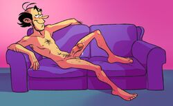 balding black_hair blush body_hair erection facial_hair ladysomnambule lying lying_on_couch male male_only precum skinny smile solo spirou_magazine zorglub