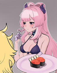 1boy 1girls 2022 aether_(genshin_impact) bikini black_bikini blonde_hair blue_eyes blush caviar chroong cleavage cute detached_collar embarrassed female fish flustered food genshin_impact gloves grey_background hair_ornament hair_twirling half-closed_eyes highres holding_plate jewelry long_hair long_ponytail looking_away looking_to_the_side male medium_breasts outstretched_arm pink_hair plate playing_with_hair playing_with_own_hair ponytail reaching_out sangonomiya_kokomi simple_background smile sushi swimsuit tied_hair white_gloves