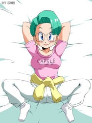 1girls bed bed_sheet big_breasts blue_eyes blue_hair blush breasts bulma_briefs bulma_briefs_(gt_saga) clothed dragon_ball dragon_ball_gt earrings female female_only fully_clothed glasses hair hands_behind_head knees_up lipstick lying_on_back lying_on_bed mature_female mature_woman milf mother old_school_academy older_female pink_topwear short_hair shounen_jump socks solo spread_legs t-shirt track_pants