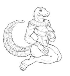 2020 abs absurd_res anthro ass big_breasts bra bracelet breasts claws clothing crocodile crocodilian crocodylid fangs female hand_on_leg hand_on_thigh hi_res holding_bra holding_clothing holding_object holding_underwear jewelry kneeling lakeslug looking_at_viewer looking_away mostly_nude nipple_slip overbite reptile scales scalie solo thick_thighs toe_claws underbite underwear