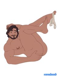 ass ass_grab bara brown_eyes brown_hair dark-skinned_male dark_hair dark_skin disney encanto feet feet_up gay latino legs legs_crossed legs_up male_nipples male_only mariano_guzman nipple_holes no_underwear nude thick_ass thick_thighs underwear_around_one_leg vansbeab yaoi