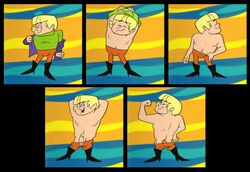 blonde_hair coil_man flaccid hanna-barbera heels jacket_removed ladysomnambule looking_back male open_mouth pants_down penis pubic_hair shirt_removed smile solo striptease the_impossibles undressing