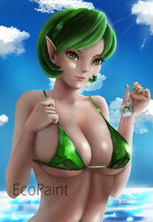 1girls bikini_top ecopaint female green_eyes green_hair green_nails nail_polish nintendo ocarina_of_time saria short_green_hair sky solo the_legend_of_zelda underboob