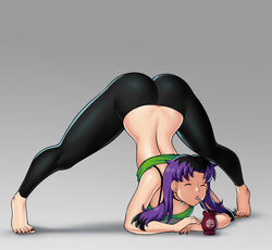 1girls ass barefoot big_ass black_hair closed_eyes clothed dat_ass drinking earrings embarrassed female female_only jack-o_pose leggings long_fingernails nail_polish original original_character purple_hair sidney_(zeshgolden) skin_tight solo spread_legs straw tank_top tight_clothing tight_pants toenail_polish two_tone_hair yoga_pants zeshgolden