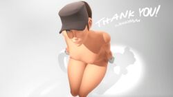 big_ass blue_eyes breasts brown_hair cap emotionless erect_nipples expressionless fat_ass female femscout hand_wraps hi_res highres jeggosfm looking_at_viewer looking_up ponytail simple_background sitting small_breasts solo source_filmmaker team_fortress_2 text thick_thighs white_background wraps