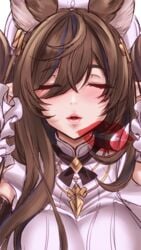 animal_ears asymmetrical_hair bangs breasts closed_eyes extra_ears eyebrows_visible_through_hair female frills galleon_(granblue_fantasy) granblue_fantasy horns huge_breasts imminent_kiss incoming_kiss lipstick lipstick_mark long_hair makeup multicolored_hair parted_lips pointy_ears pov_kiss sidelocks solo streaked_hair suzuki_sakura very_long_hair