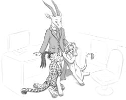 antelope anthro bovid chair clothed clothing desk embrace erect fan_character felid female formal_clothing furniture gazelle genitals group hair happy hi_res horn hug hugging_leg hugging_legs kneeling kneeling_oral_position leopard lion looking_at_genitalia looking_at_penis male male/female mammal masturbation monitor mr._tba_(radixpanther) necktie nude nude_female office_chair pantherine penis radixpanther sketch sketch_background table tawniya_"tanya"_(radixpanther) the_giant_hamster touching_hair touching_penis yora_(radixpanther)