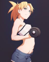 1girls dumbbell fate_(series) hotpants lifting_weights looking_at_viewer mordred_(fate) nipple_bulge pokies short_shorts shorts side_view smiling solo sweaty training tube_top zoryc