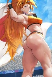 1girls armpits arms_up ass ass_focus athletic athletic_female bare_legs bare_thighs big_ass big_butt captain_mizuki earring female female_focus female_only hair_tied long_hair looking_back muscular muscular_female one-punch_man orange_hair public purple_eyes solo solo_female solo_focus sports_bra sports_uniform sweat tagme thick_thighs thighs tied_hair toned toned_body toned_female yoshi55level
