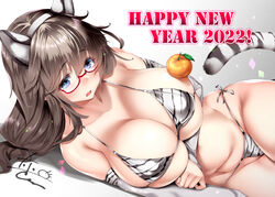 2022 animal_ears animal_print bangs bare_shoulders bikini blue_eyes blush breasts brown_hair cleavage collarbone fake_animal_ears female female food fruit glasses hairband happy_new_year highres large_breasts long_hair looking_at_viewer lying mandarin_orange new_year on_side oohira_sunset open_mouth original skindentation solo swimsuit tail thighs tiger_ears tiger_print tiger_tail white_bikini