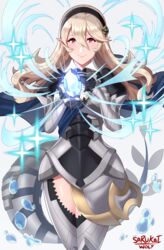 1girls absurdres armor artist_name bare_thighs black_hairband blonde_hair closed_mouth corrin_(fire_emblem) corrin_(fire_emblem)_(female) cowboy_shot dragon_girl dragon_tail female_only fire_emblem fire_emblem_fates gem hairband highres inner_thighs long_hair nintendo pointy_ears red_eyes sarukaiwolf simple_background smile solo thighs water white_background white_hair