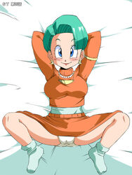 1girls bed bed_sheet big_breasts blue_eyes blue_hair blush breasts bulma_briefs bulma_briefs_(gt_saga) cameltoe clothed dragon_ball dragon_ball_gt dress dress_up earrings female female_focus female_only fully_clothed hair hands_behind_head knees_up lipstick lying_on_back lying_on_bed mature_female mature_woman milf mother old_school_academy older_female orange_dress panties pearl_necklace plump_labia short_hair shounen_jump socks solo spread_legs