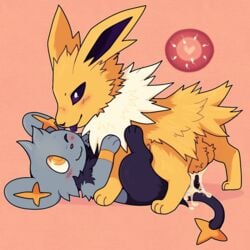 balls blush bodily_fluids cum duo eeveelution female feral feralsoren fluffy furry furry_only genital_fluids genitals hi_res impregnation jolteon male nintendo ovum pokémon_(species) pokemon pokemon_only shinx tongue tongue_out video_games