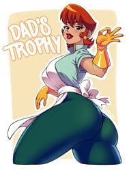 1girls apron ass big_ass boobs_and_butt_pose clothed dat_ass dexter's_laboratory dexter's_mom earrings female female_only lipstick looking_at_viewer milf ok_sign red_hair rubber_gloves short_hair smile solo text tight_clothing tight_pants zeshgolden