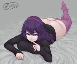 1girls ass bed big_ass big_breasts big_butt breasts female hairband half-closed_eyes hex_maniac long_hair looking_at_viewer lying_on_bed nintendo on_bed ourobot pokemon pokemon_xy purple_hair seductive shh solo sweater thick_thighs thighhighs thighs turtleneck wide_hips