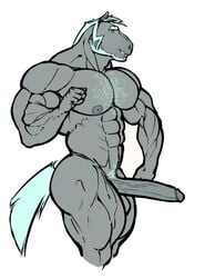 anthro big_muscles blue_hair boner equid equine erection green_eyes hair hi_res horse humanoid male male_only mammal monochrome muscular muscular_male nipples nude pubes ripped-saurian solo